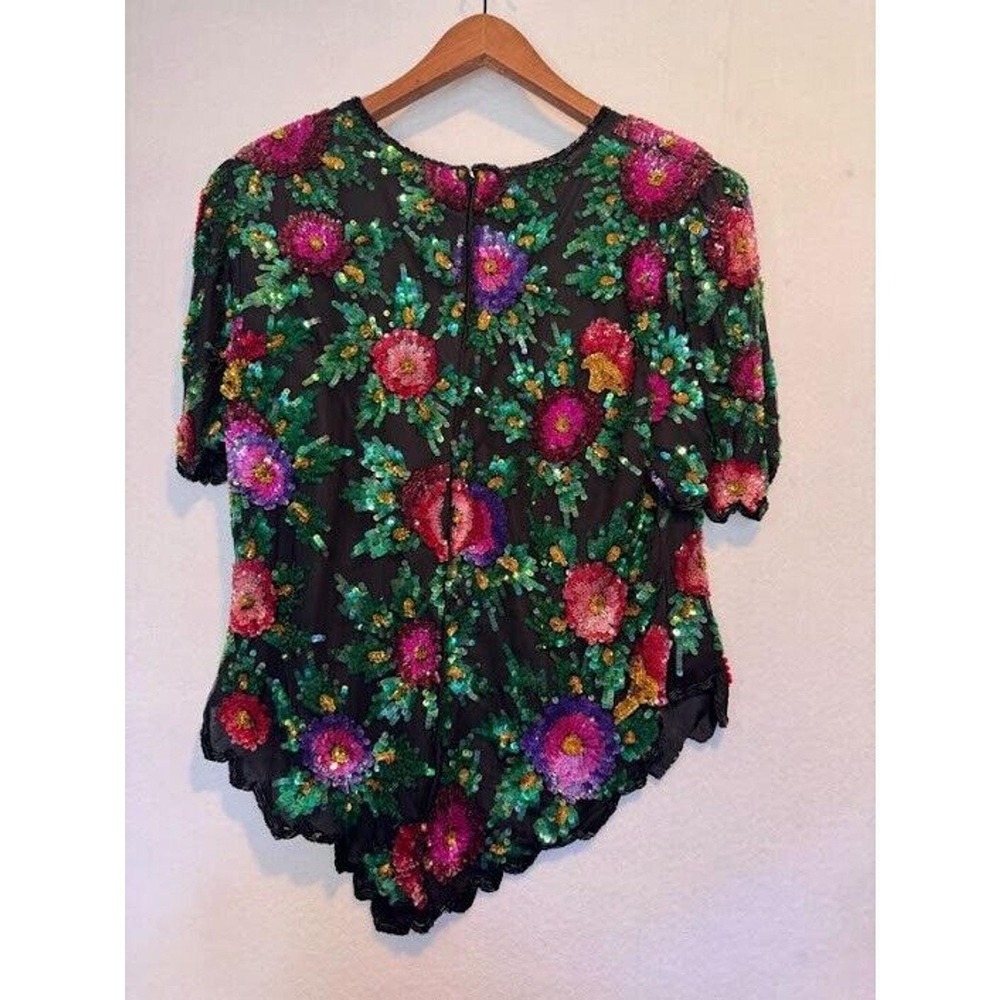 Laurence Kazar Beaded Top Womens‎ Size PM Silk Floral Vintage Zip Up - Picture 9 of 15